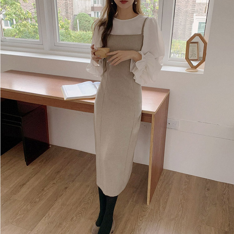 2点セット フリル長袖ブラウス ミモレ丈キャミワンピース