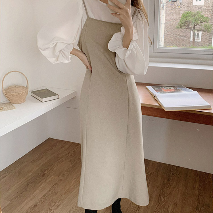 2点セット フリル長袖ブラウス ミモレ丈キャミワンピース