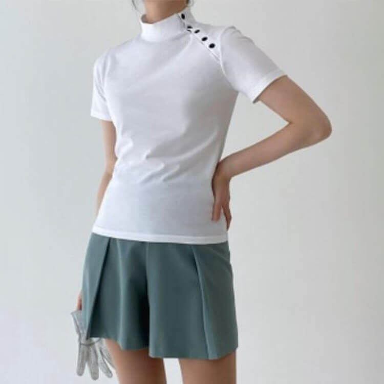 韓国ゴルフウェア アシンメトリーボタン 半袖 Ｔシャツ