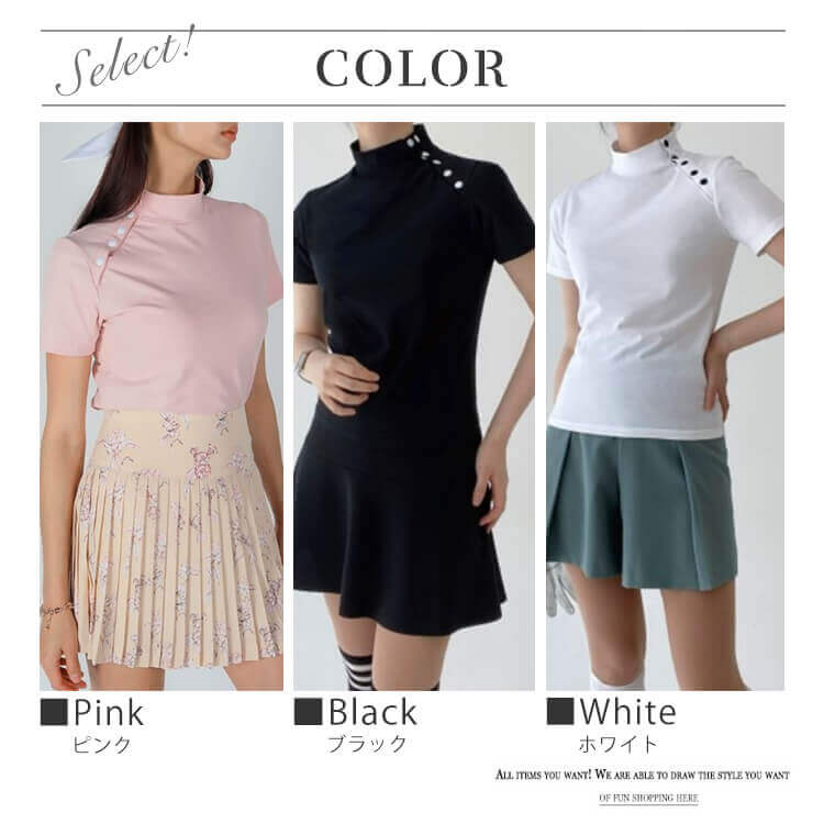 韓国ゴルフウェア アシンメトリーボタン 半袖 Ｔシャツ