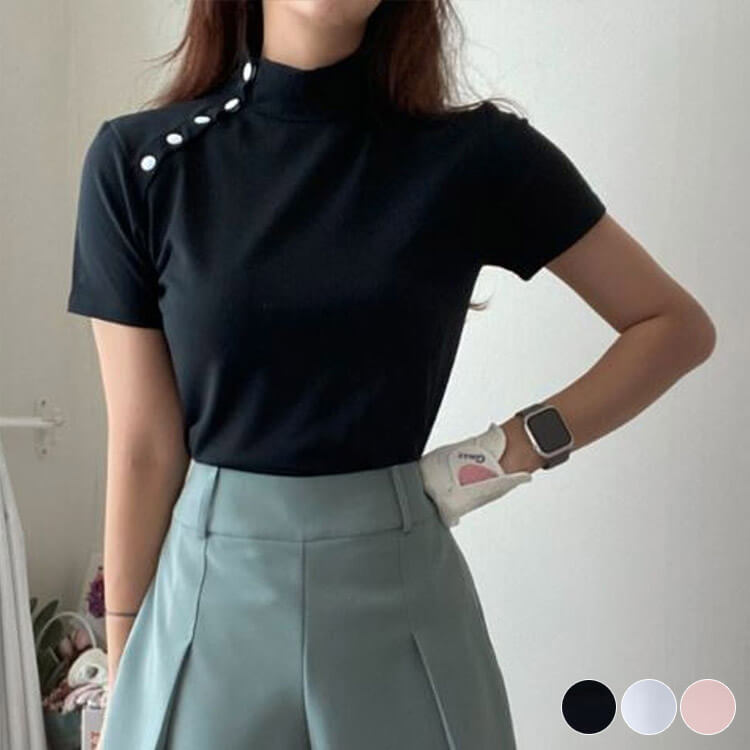 韓国ゴルフウェア アシンメトリーボタン 半袖 Ｔシャツ