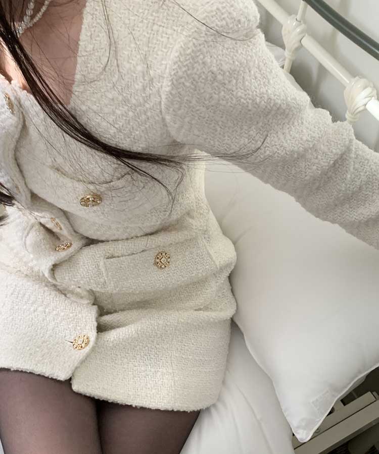 レトロクラシック フロントボタン ツイード ミニワンピース

