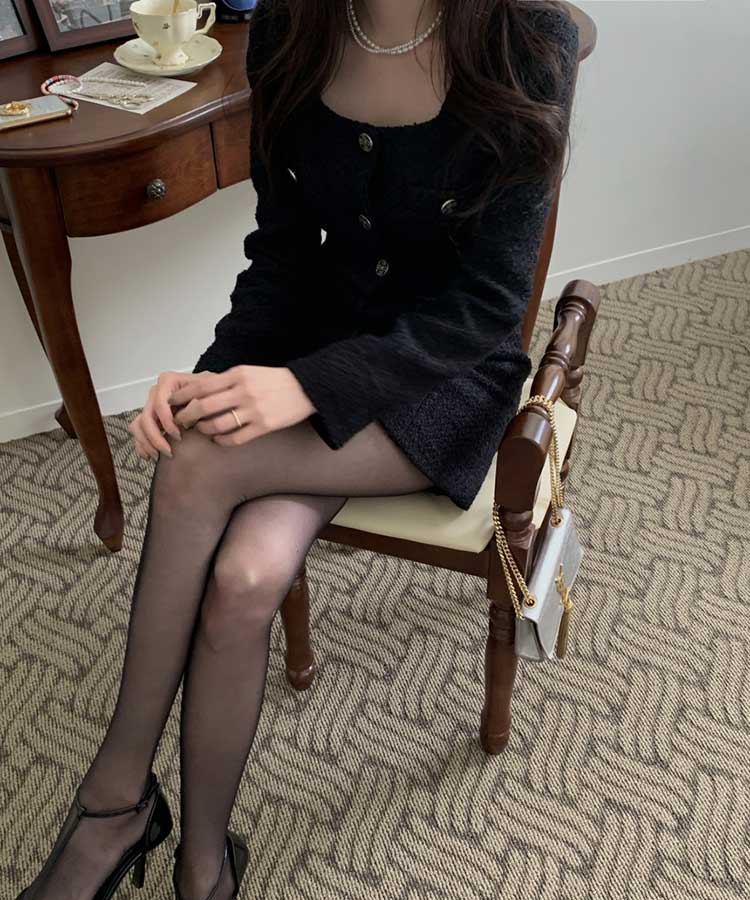 レトロクラシック フロントボタン ツイード ミニワンピース

