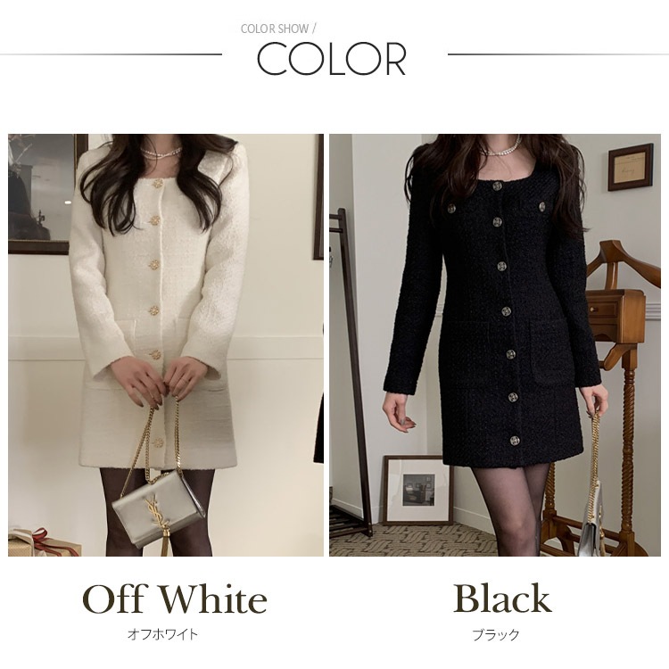 レトロクラシック フロントボタン ツイード ミニワンピース

