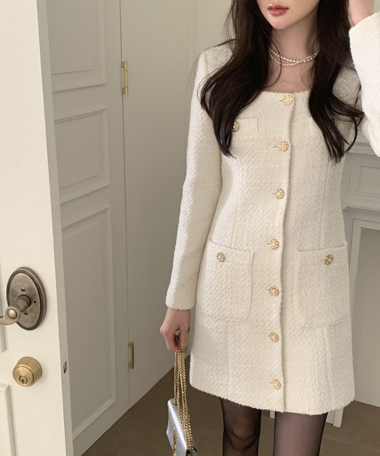 レトロクラシック フロントボタン ツイード ミニワンピース

