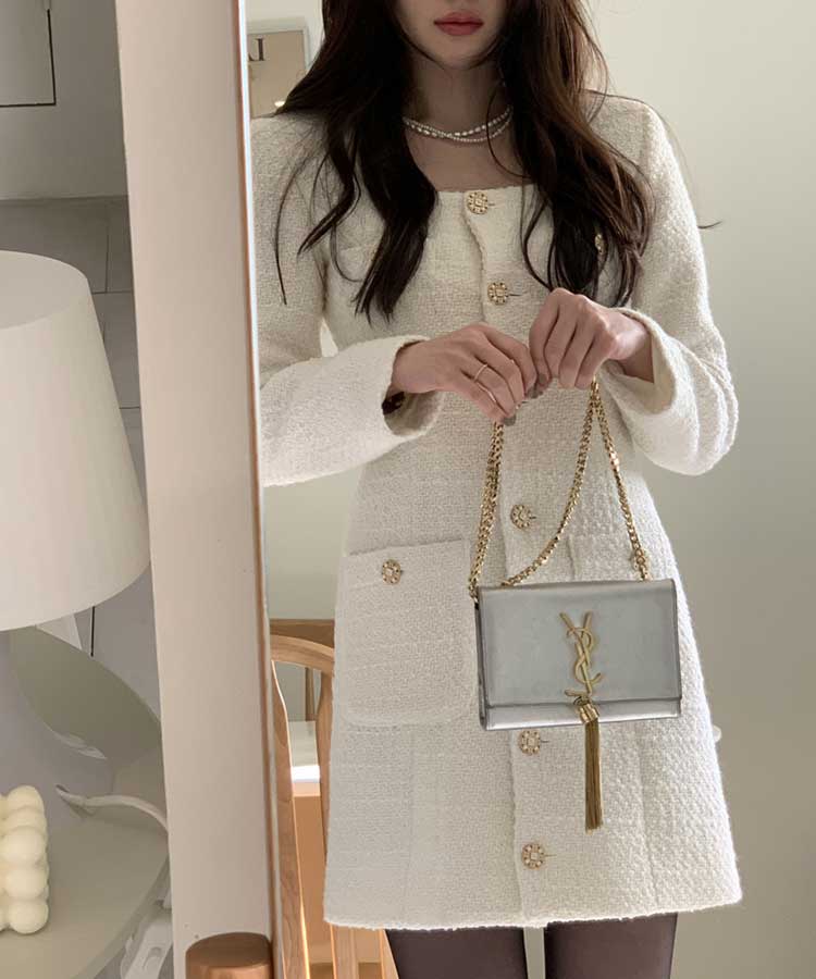 レトロクラシック フロントボタン ツイード ミニワンピース

