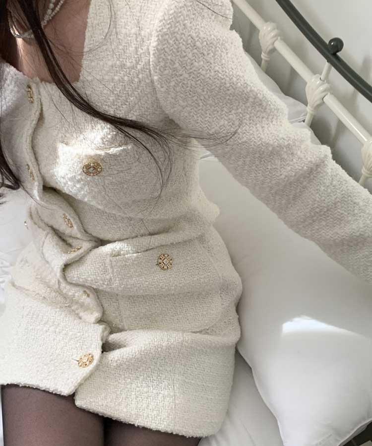 レトロクラシック フロントボタン ツイード ミニワンピース

