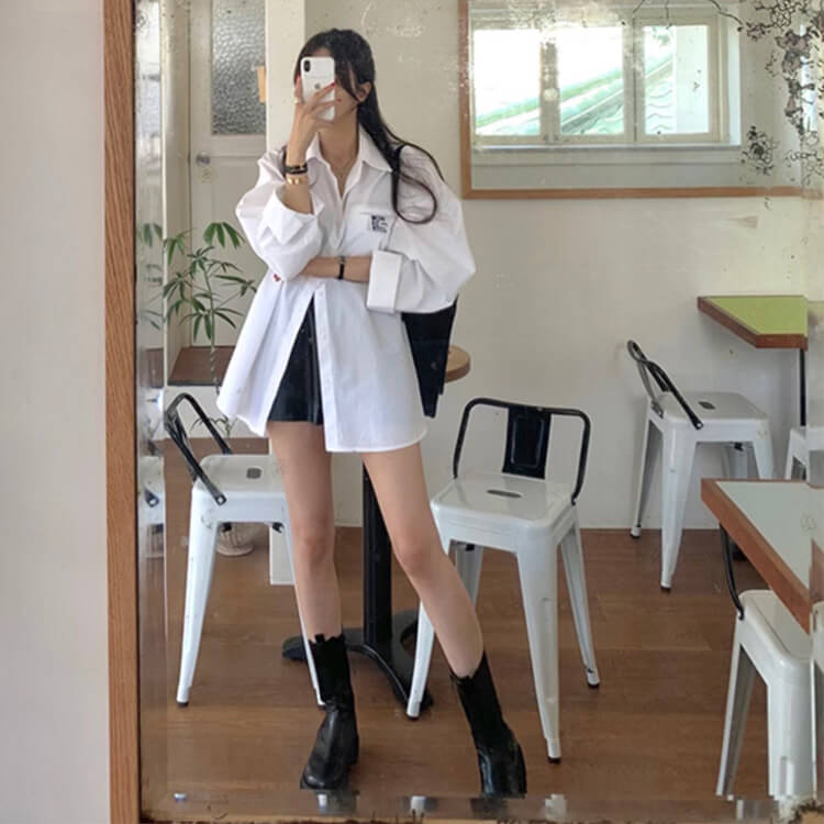 アルファベットタグ カジュアル 長袖シャツ ブラウス