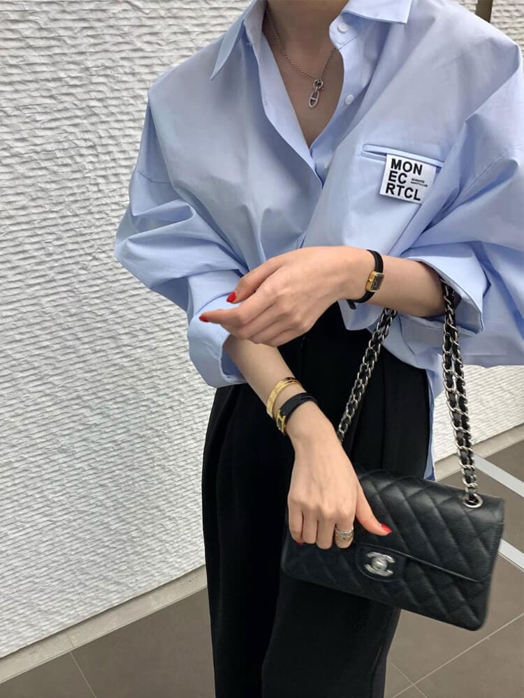 アルファベットタグ カジュアル 長袖シャツ ブラウス