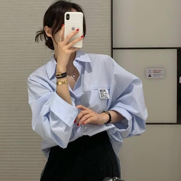 アルファベットタグ カジュアル 長袖シャツ ブラウス