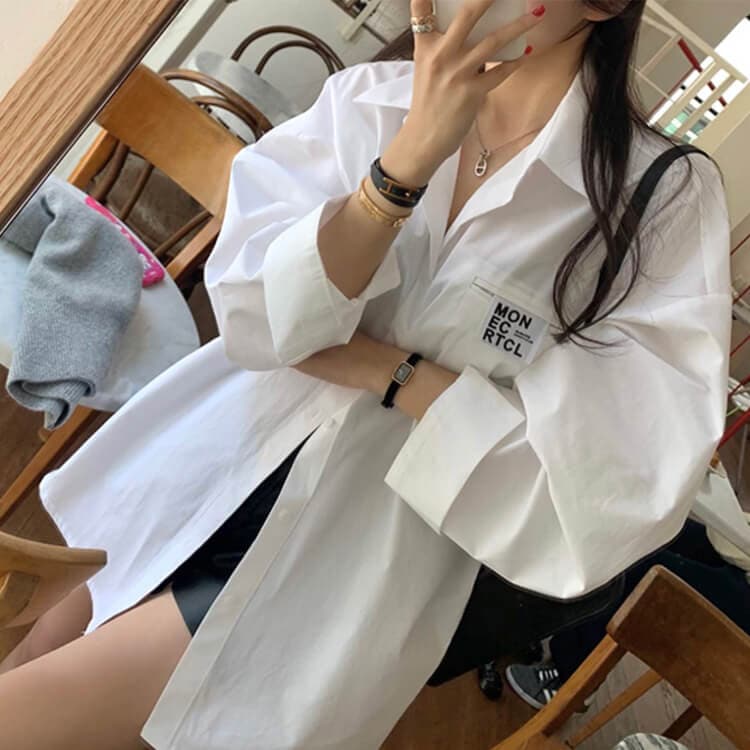 アルファベットタグ カジュアル 長袖シャツ ブラウス