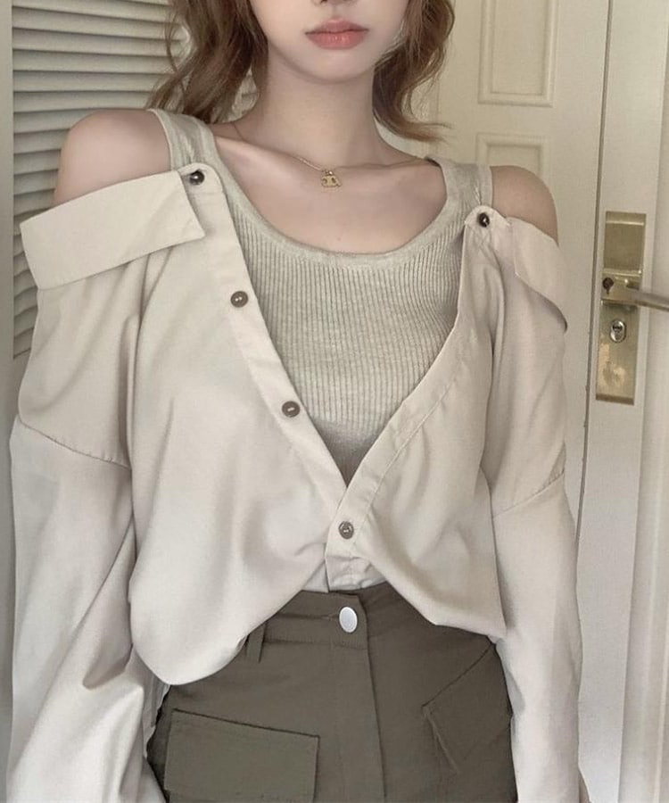 肩見せ オフショルダー風 ブラウス レイヤード トップス