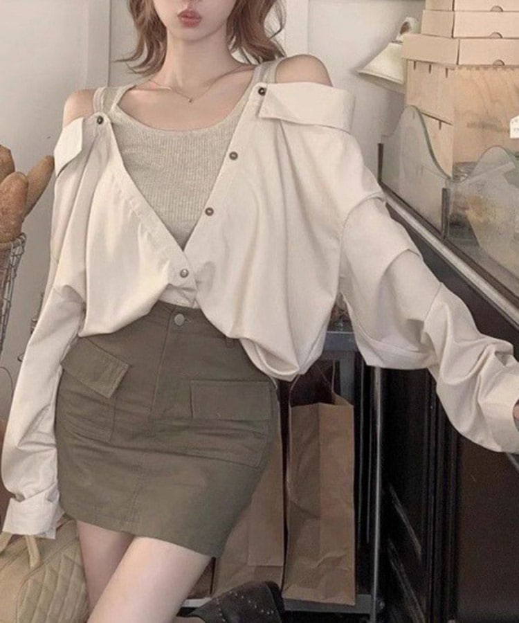 肩見せ オフショルダー風 ブラウス レイヤード トップス