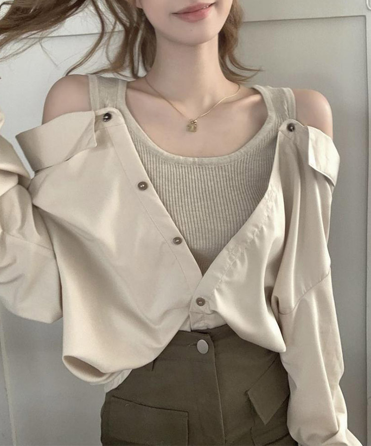 肩見せ オフショルダー風 ブラウス レイヤード トップス