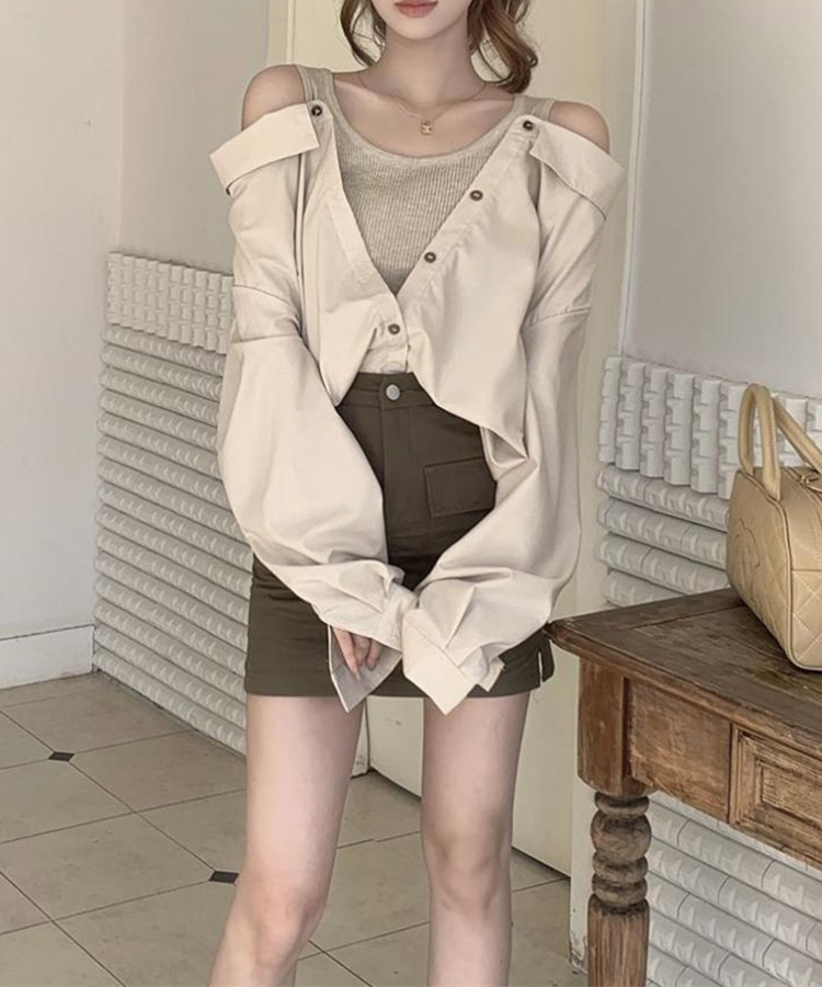 肩見せ オフショルダー風 ブラウス レイヤード トップス