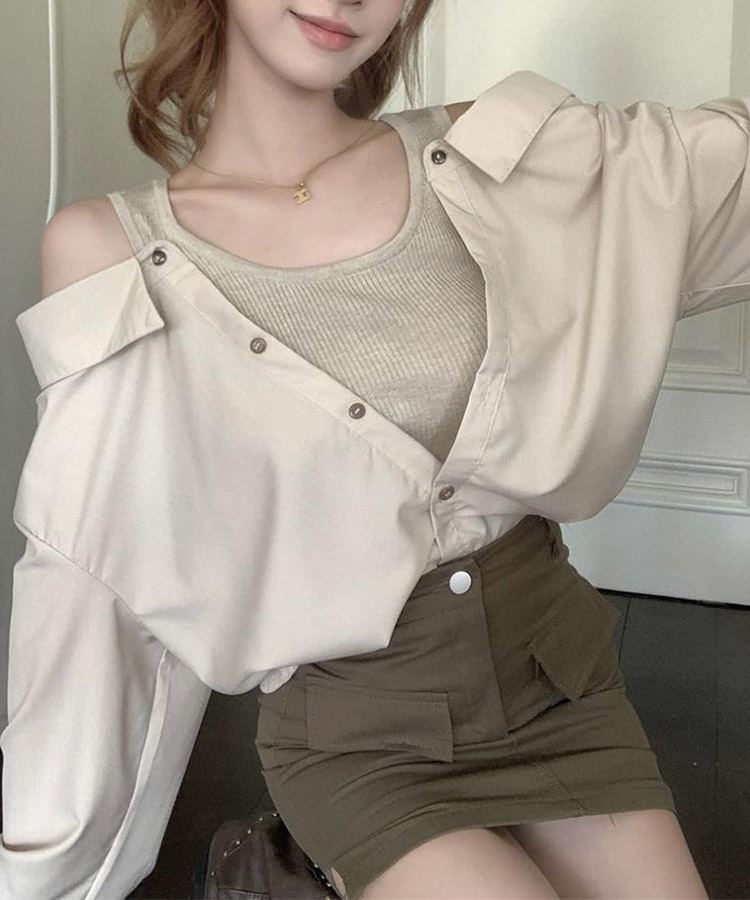 肩見せ オフショルダー風 ブラウス レイヤード トップス