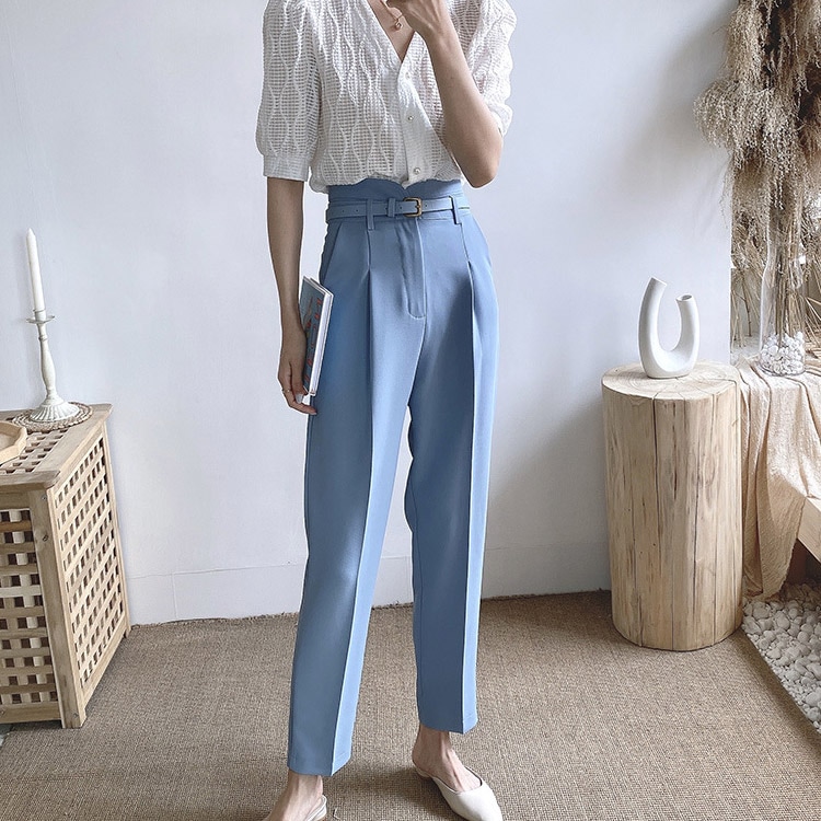 ベルト付き きれいめ 九分丈 テパードパンツ