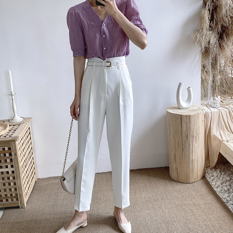 ベルト付き きれいめ 九分丈 テパードパンツ