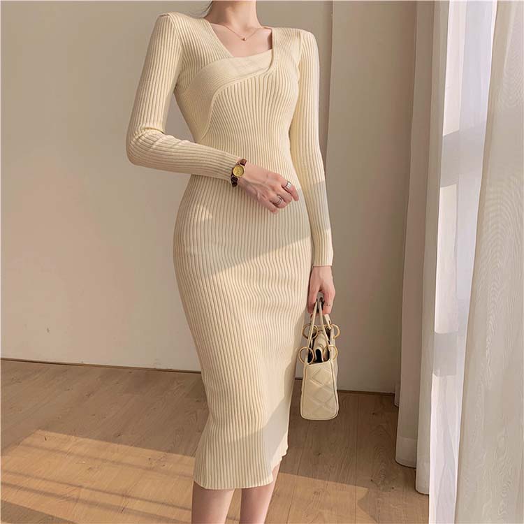 アシンメトリー Vネック ニットワンピース