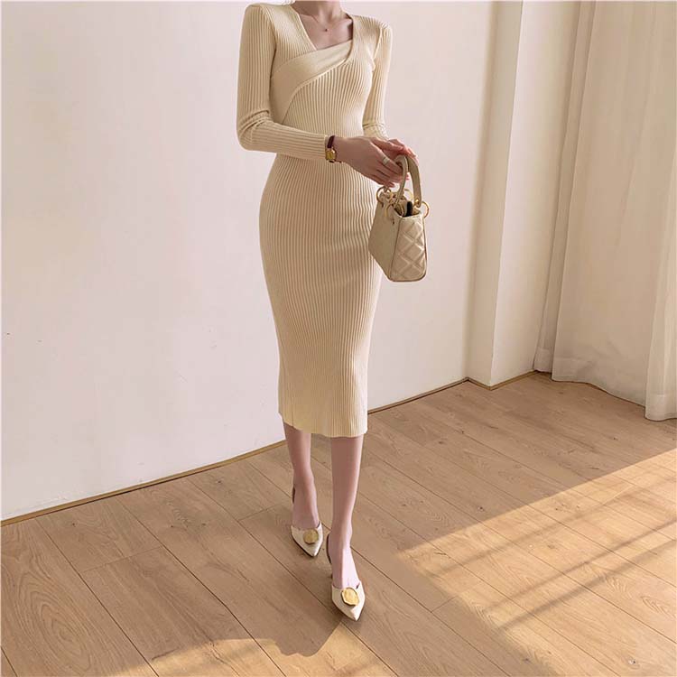 アシンメトリー Vネック ニットワンピース