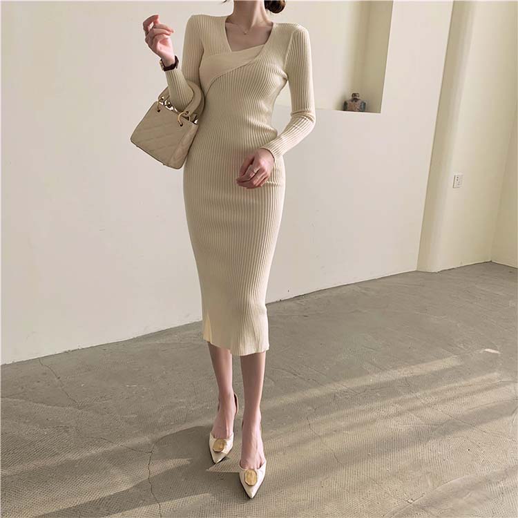 アシンメトリー Vネック ニットワンピース