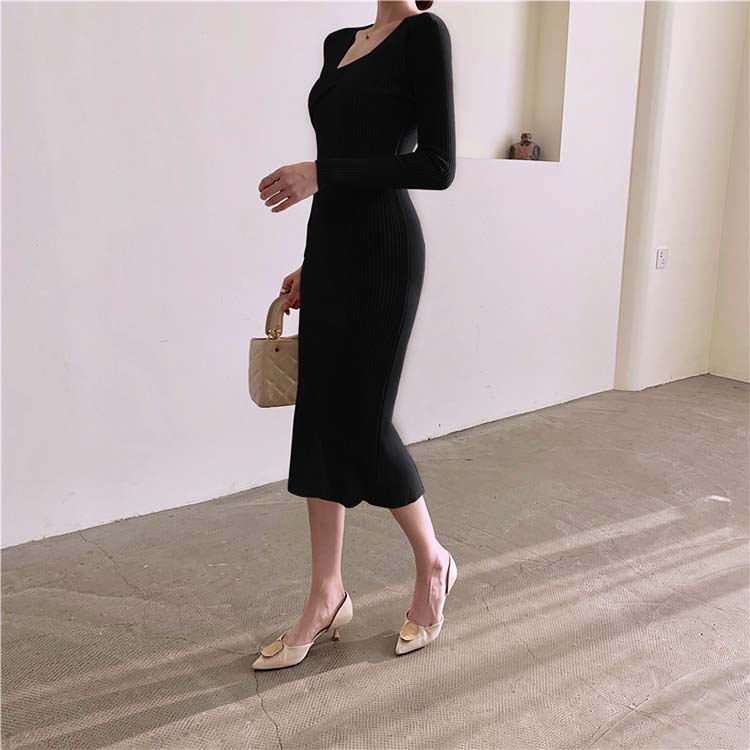 アシンメトリー Vネック ニットワンピース