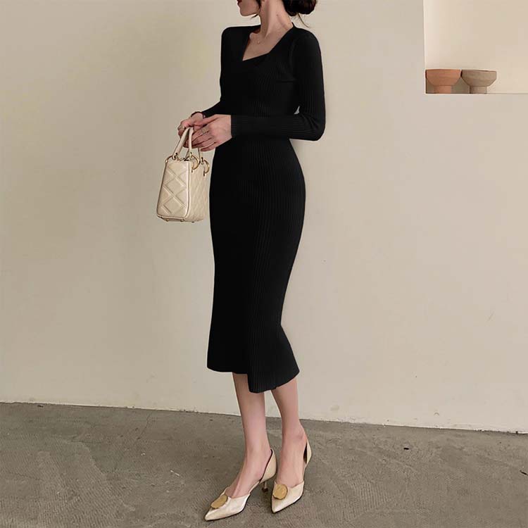 アシンメトリー Vネック ニットワンピース