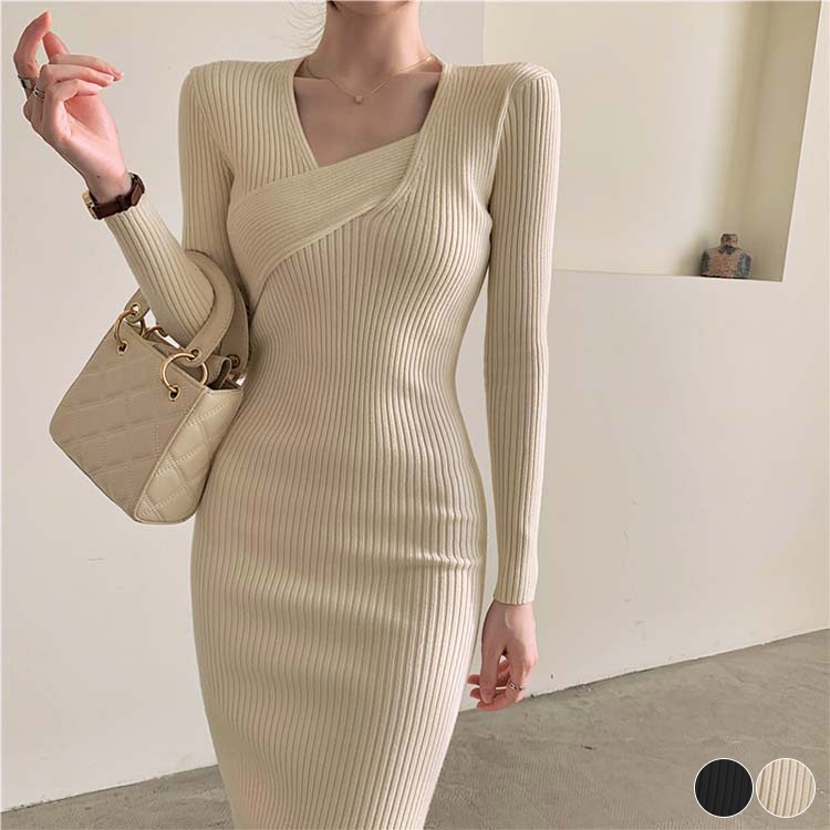 アシンメトリー Vネック ニットワンピース