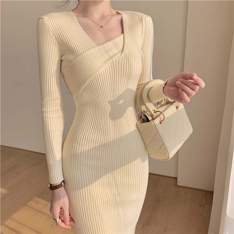 アシンメトリー Vネック ニットワンピース