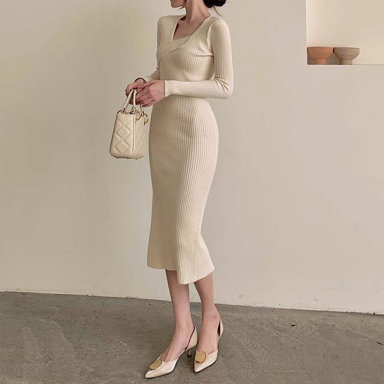 アシンメトリー Vネック ニットワンピース