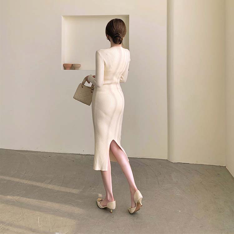 アシンメトリー Vネック ニットワンピース