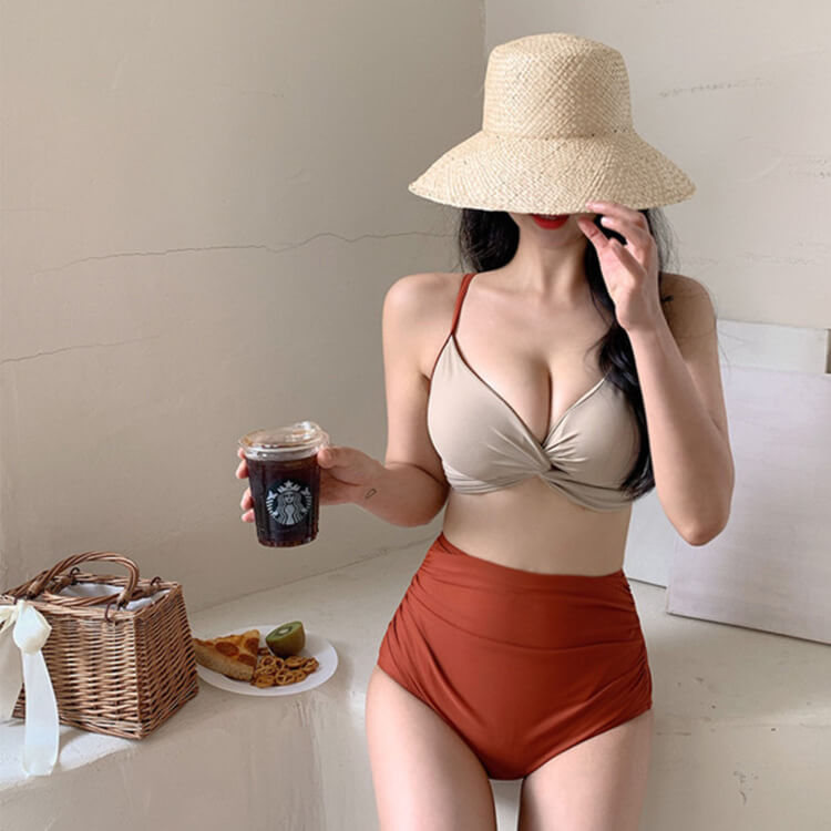 フロントクロス バイカラー ハイウエスト ビキニ 水着