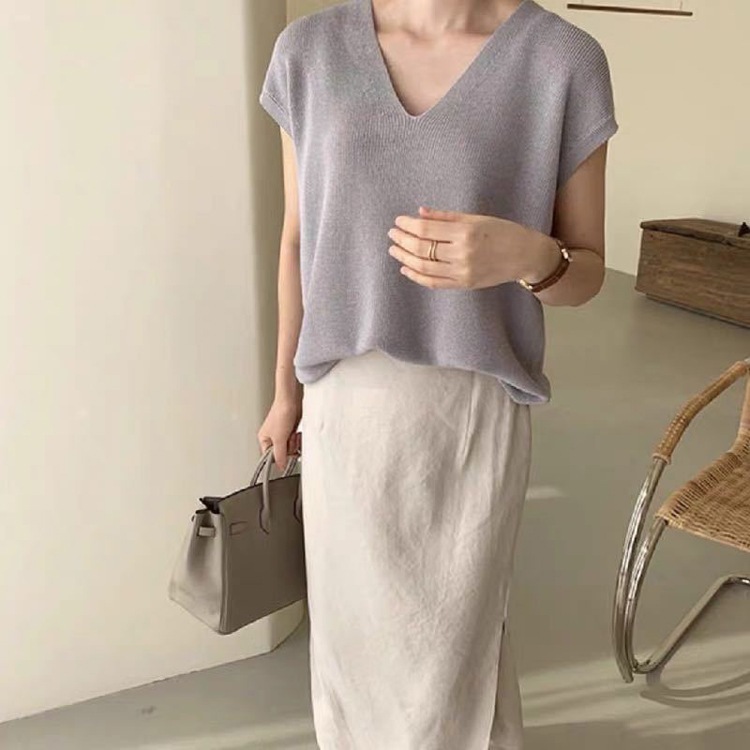 Vネック フレンチスリーブ ニット トップス