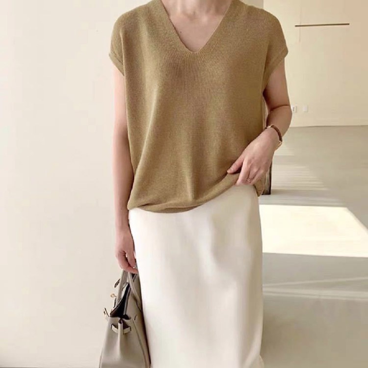 Vネック フレンチスリーブ ニット トップス