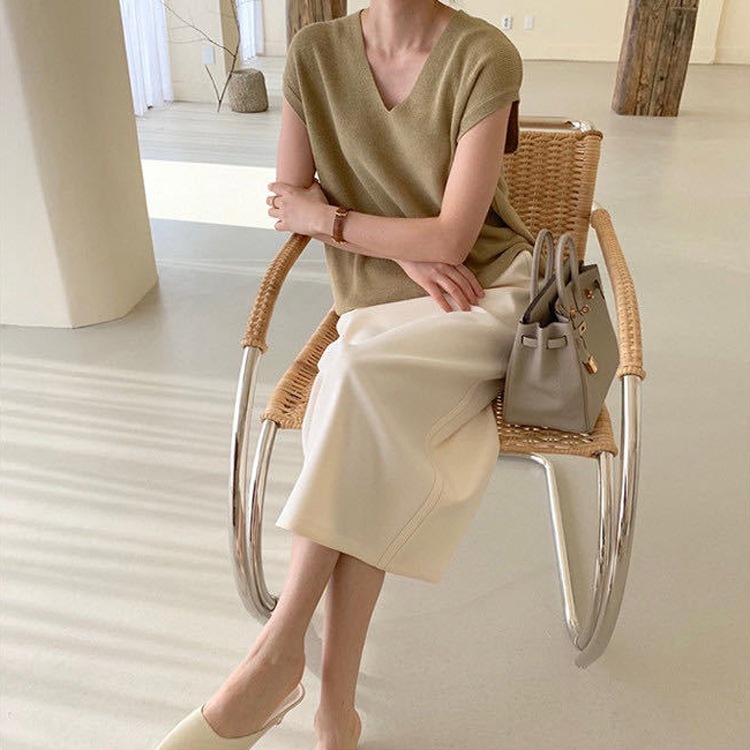 Vネック フレンチスリーブ ニット トップス