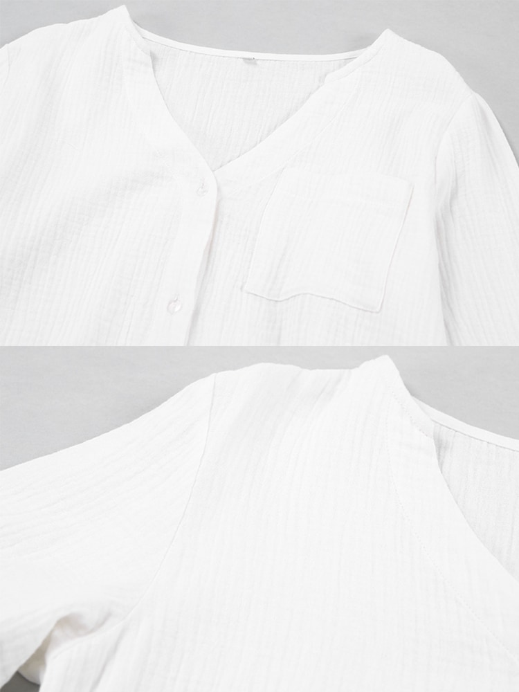 Vネック 長袖ブラウス ショートパンツ セットアップ
