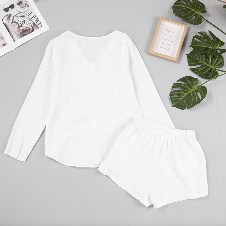 Vネック 長袖ブラウス ショートパンツ セットアップ