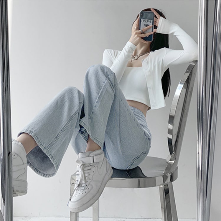 レトロ ハイウエスト ボタン ライトデニム パンツ