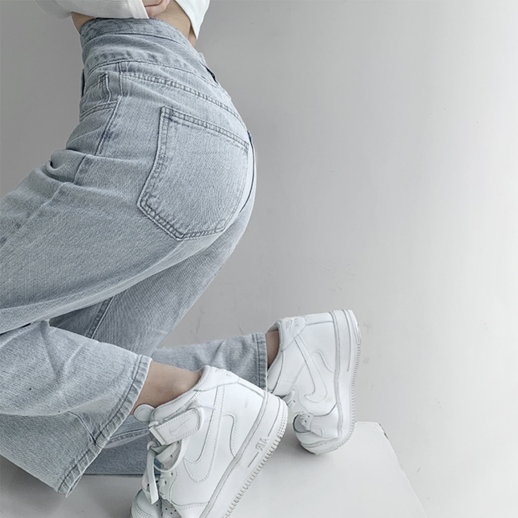 レトロ ハイウエスト ボタン ライトデニム パンツ