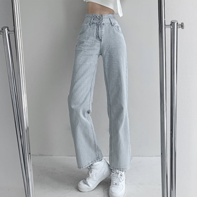 レトロ ハイウエスト ボタン ライトデニム パンツ