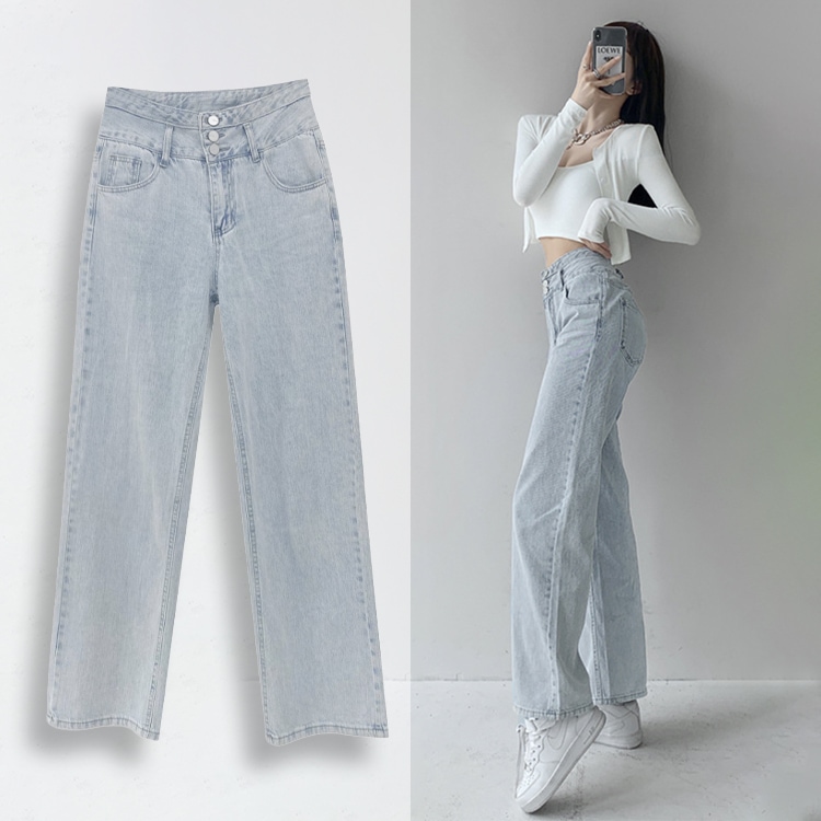 レトロ ハイウエスト ボタン ライトデニム パンツ