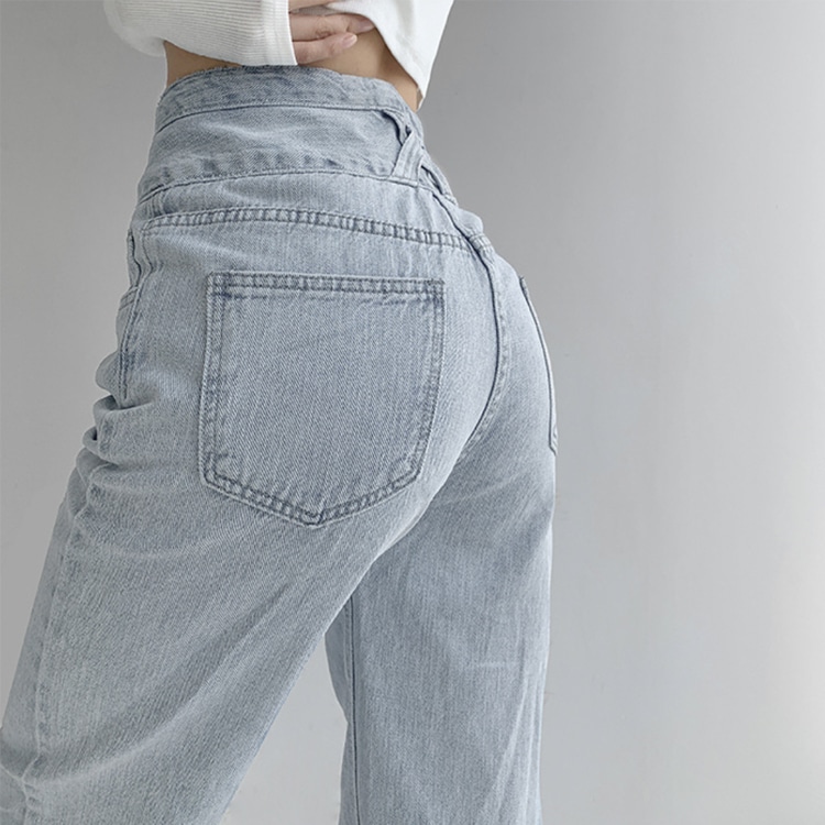 レトロ ハイウエスト ボタン ライトデニム パンツ