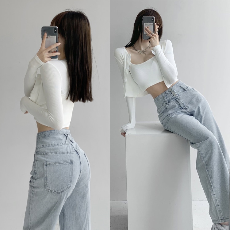 レトロ ハイウエスト ボタン ライトデニム パンツ