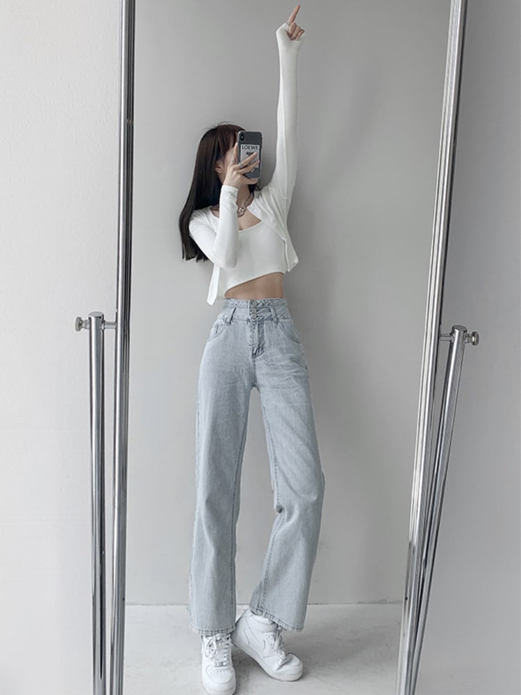 レトロ ハイウエスト ボタン ライトデニム パンツ