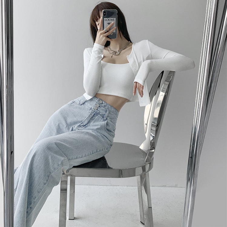 レトロ ハイウエスト ボタン ライトデニム パンツ