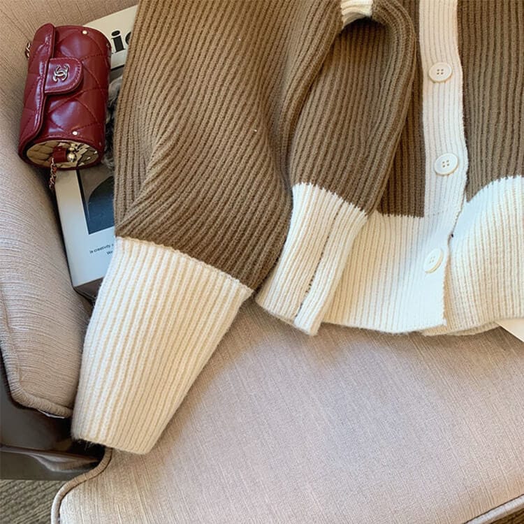 2WAY ハイネック バイカラー リブニットカーディガン