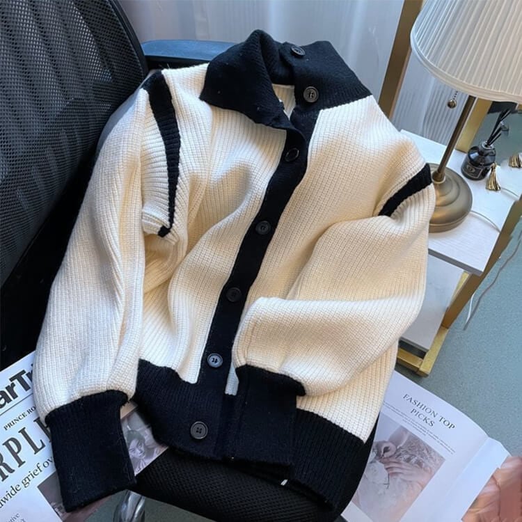 2WAY ハイネック バイカラー リブニットカーディガン