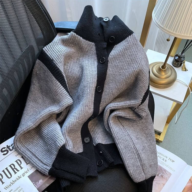 2WAY ハイネック バイカラー リブニットカーディガン