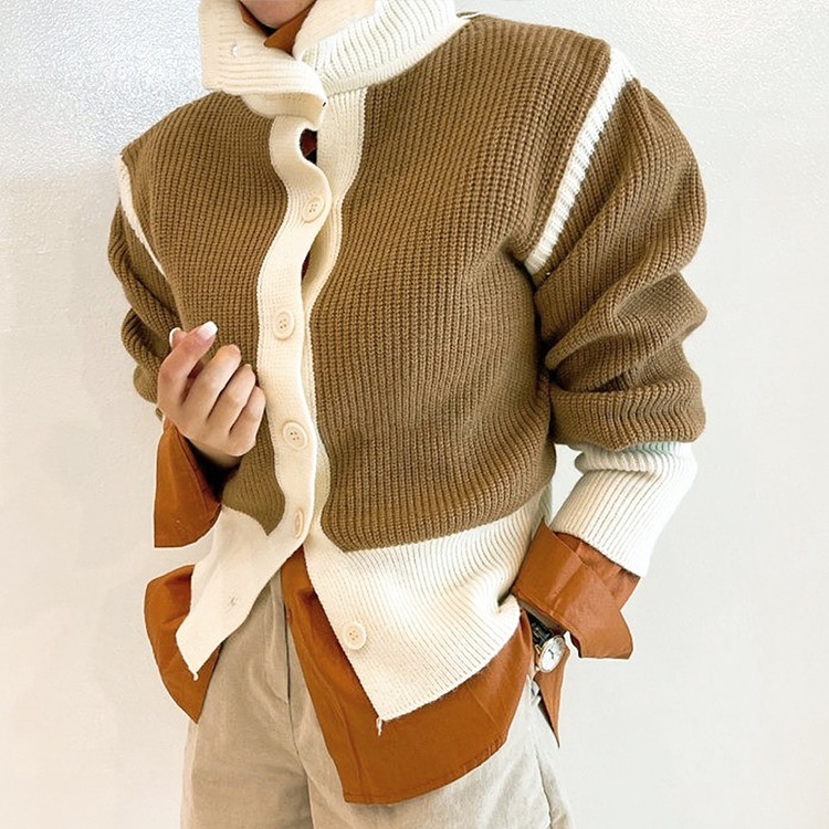 2WAY ハイネック バイカラー リブニットカーディガン