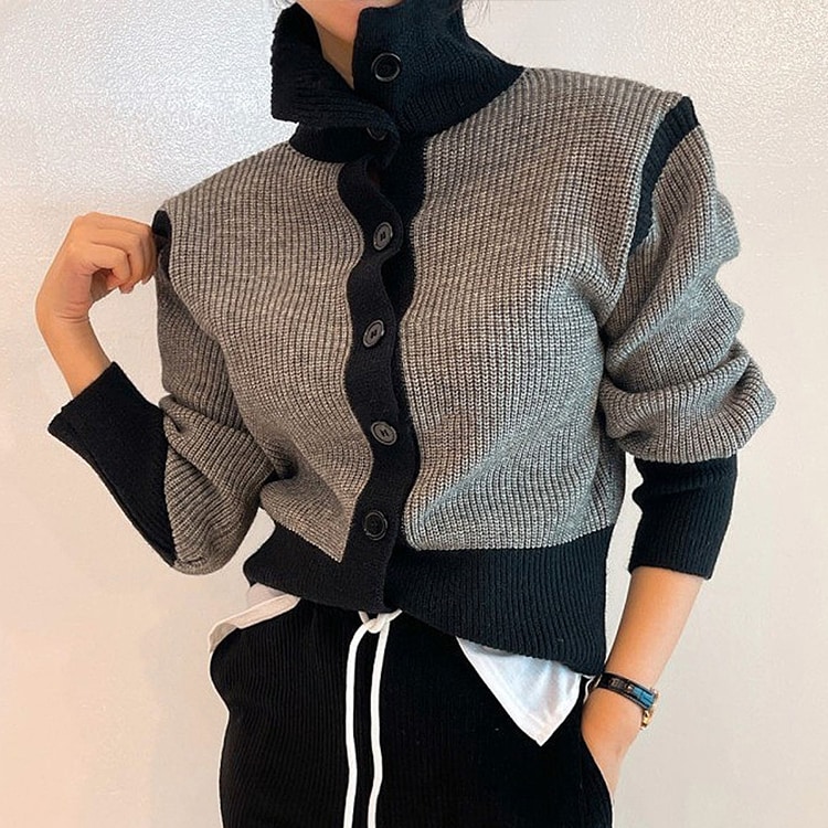 2WAY ハイネック バイカラー リブニットカーディガン